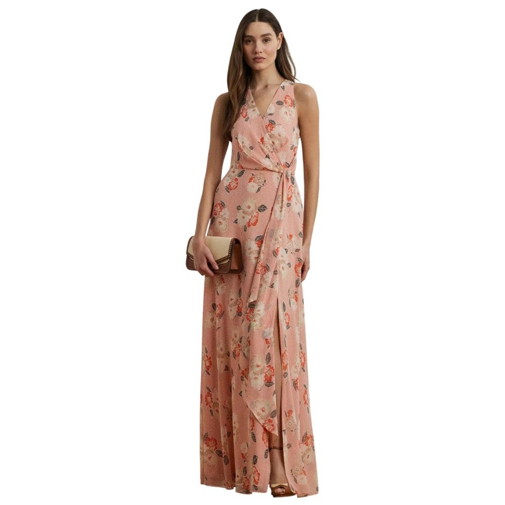Lauren Ralph Lauren Peach Floral Maxi Wrap Dress